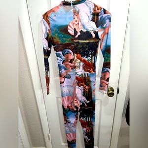 Greek mythology print mid round neck long sleeve  one piece zip